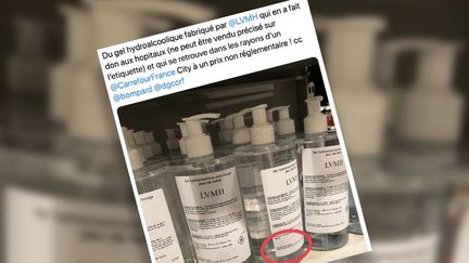 Capture écran du tweet qui affirme que des gels produits par LVMH ont été mis en vente par un supermarché.&nbsp; (CAPTURE ECRAN TWITTER)