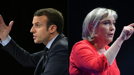 Montage photo des deux candidats au second tour de l'élection présidentielle. Emmanuel Macron à Paris en décembre 2016 et Marine Le Pen à Déols en mars 2017.&nbsp; (ERIC FEFERBERG / AFP)