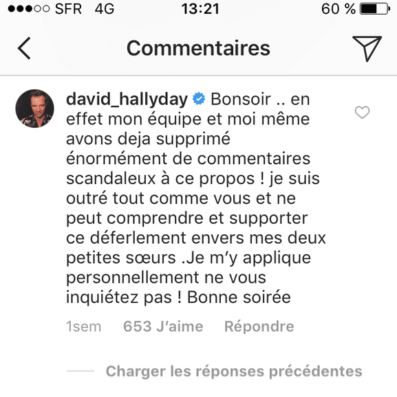 Capture d'écran d'un commentaire de David Hallyday, posté sur son compte Instagram. (INSTAGRAM)