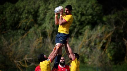 Les joueurs espagnols lors d'une rencontre du Rugby Europe Championship face au Portugal, le 27 mars 2021 à Lisbonne.&nbsp; (PEDRO FIUZA / NURPHOTO via AFP)