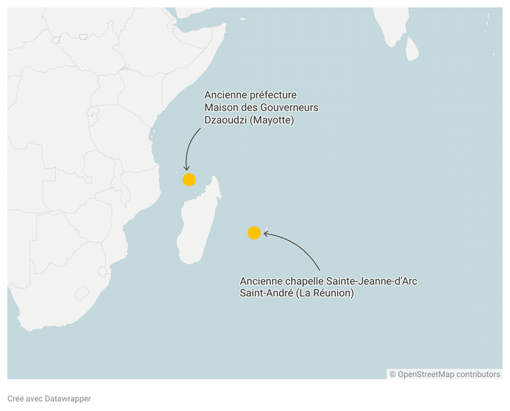 Les sites retenus pour le Loto du patrimoine 2023 dans l'océan Indien. (FRANCEINFO / RADIO FRANCE)