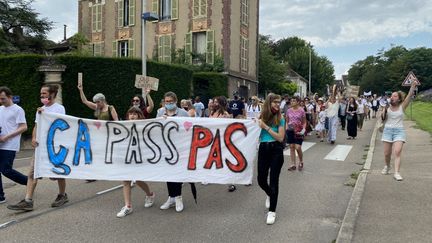 Une manifestation contre le pass sanitaire à Auxerre le 24 juillet 2021. (DELPHINE-MARION BOULLE / FRANCE-BLEU AUXERRE)