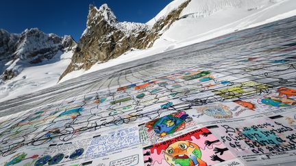 Une vue aérienne de la&nbsp;plus grande carte postale de tous les temps déployée sur le glacier&nbsp;Aletsch&nbsp;(Suisse), le 16 novembre 2018. (FABRICE COFFRINI / AFP)