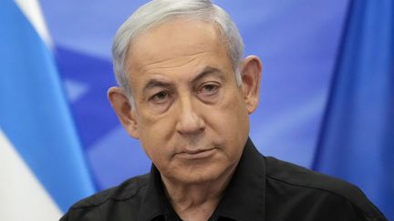 Israeli Prime Minister Benjamin Netanyahu during a press conference in Jerusalem, Israel, October 24, 2023. (CHRISTOPHE ENA / AFP)