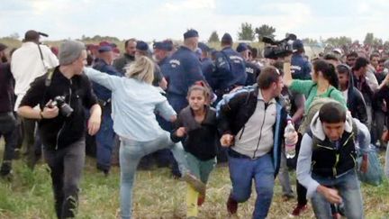 Petra Laszlo, une journaliste hongroise,&nbsp;est filmée, le 8 septembre 2015, frappant des migrants à Röszke (Hongrie), un village tout proche de la Serbie. (INDEX.HU / AFP)