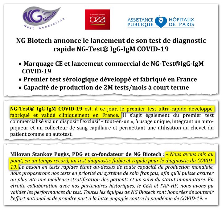 Extrait d’un communiqué publié par la société NG Biotech le 31 mars 2020. (NG BIOTECH)