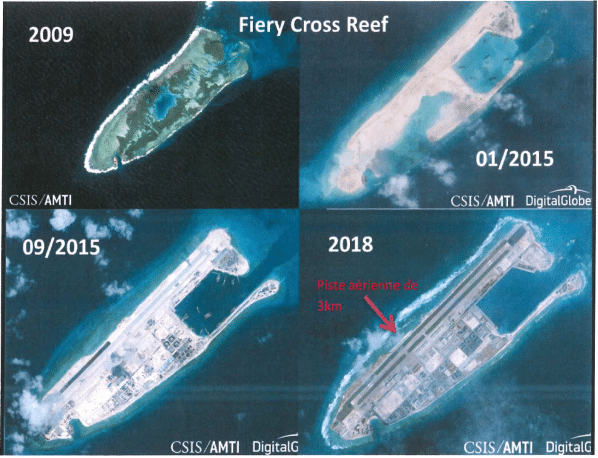 Exemple de polderisation des îles Spratley par la Chine. Ici, le récif Fiery Cross. Rapport d'information de l'Assemblée nationale sur les enjeux stratégiques en mer de Chine méridionale. (ASSEMBLEE NATIONALE)