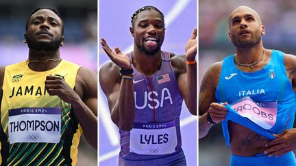 Kishane Thompson, Noah Lyles et Marcell Jacobs, en séries du 100 m des JO de Paris, le 3 août 2024. (AFP/AFP/SIPA)