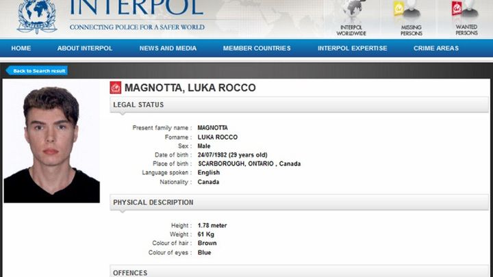 L'avis de recherche &eacute;mis par Interpol sur Luka Rocco Magnotta le 31 mai 2012. (INTERPOL / AFP)