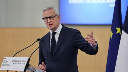 Le ministre de l'Economie et des Finances, Bruno Le Maire, prononce un discours lors d'une visite de l'usine de batteries électriques "Solutions bleues" à Ergué-Gabéric (Finistère), le 17 mai 2024. (FRED TANNEAU / AFP)