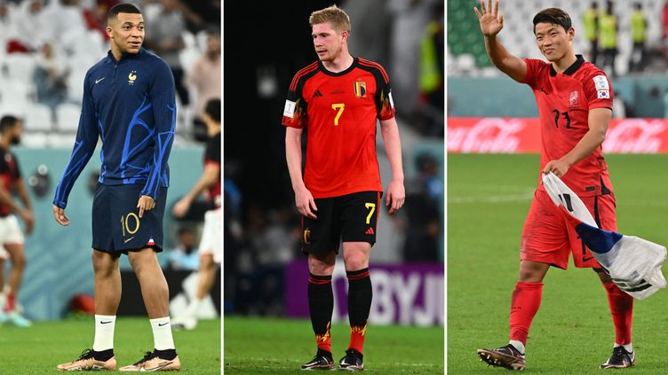 Kylian Mbappé (France), Kevin de Bruyne (Belgique) et&nbsp;Hwang Hee-chan (Corée du Sud), durant la Coupe du monde 2022 de football, au Qatar (Jewel SAMAD / AFP - Gabriel BOUYS / AFP - JUNG Yeon-je / AFP)