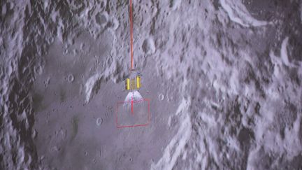 Une photo d'une simulation de l'aterrissage du&nbsp;module d'exploration chinois Chang'e-4 arrivé sur la Lune le 3 janvier 2019. (JIN LIWANG / XINHUA / AFP)