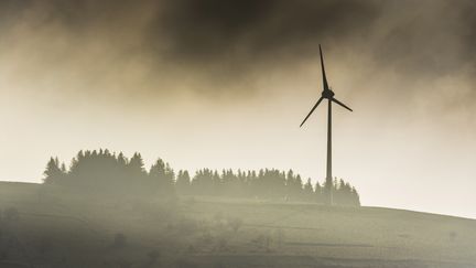 Une éolienne dans le Puy-de-Dôme, le 23 novembre 2024. (BERNARD JAUBERT / ONLY FRANCE / AFP)