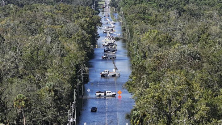 Crews of electricians work on lines after the hurricane hit September 27, 2024 in Crystal River, Florida. Monday evening, September 30, 2024, more than 1.6 million homes and businesses were still without electricity. (JOE RAEDLE/GETTY IMAGES NORTH AMERICA)