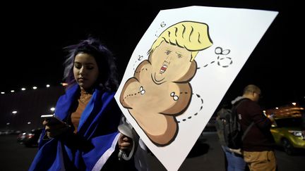 Une manifestante défile avec une pancarte peu flatteuse de Donald Trump à Las Vegas, dans le Nevada, le &nbsp;samedi 12 novembre. (DAVID BECKER / REUTERS)