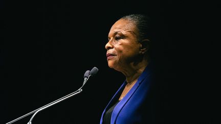 Christiane Taubira lors d'un meeting organisé le 11 février 2022 à Rennes (Ille-et-Vilaine). (QUENTIN VERNAULT / HANS LUCAS / AFP)