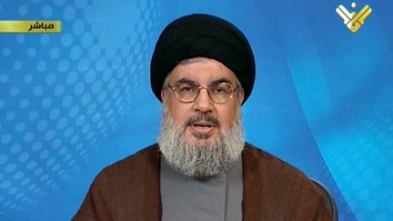 Capture d'&eacute;cran de l'intervention de Hassan Nasrallah, chef du Hezbollah, le 30 avril 2013, &agrave; la t&eacute;l&eacute;vision libanaise Al-Manar. (AL-MANAR TV / AFP)