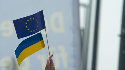 Les drapeaux ukrainien et européen lors d'une manifestation de soutien à l'Ukraine à Dusseldorf (Allemagne), le 19 juin 2022. (YING TANG / NURPHOTO / AFP)