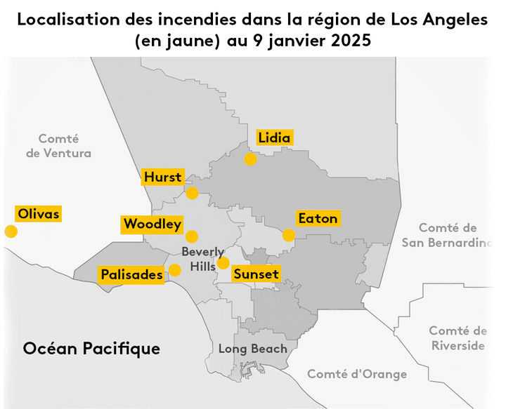 Le 9 janvier 2025, sept incendies distincts étaient en cours dans le comté de Los Angeles et le comté voisin de Ventura, en Californie (Etats-Unis). (CALFIRE / FRANCEINFO)