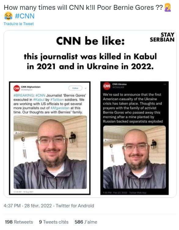 Cette publication du 28 février 2022 affirme que la chaîne d'information CNN a annoncé la mort d'une même personne&nbsp;en&nbsp;Afghanistan et en Ukraine. Mais ces deux comptes n'ont aucun lien avec le média américain. (CAPTURE D'ECRAN TWITTER)