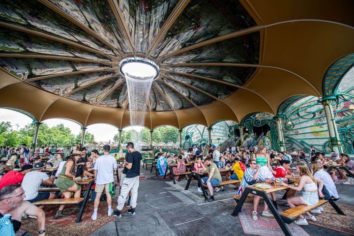 A lounge area with a waterfall on the first day of the Tomorrowland electronic music festival, Friday July 15, 2022, in Boom.  (SHUTTERSTOCK/SIPA/SIPA)