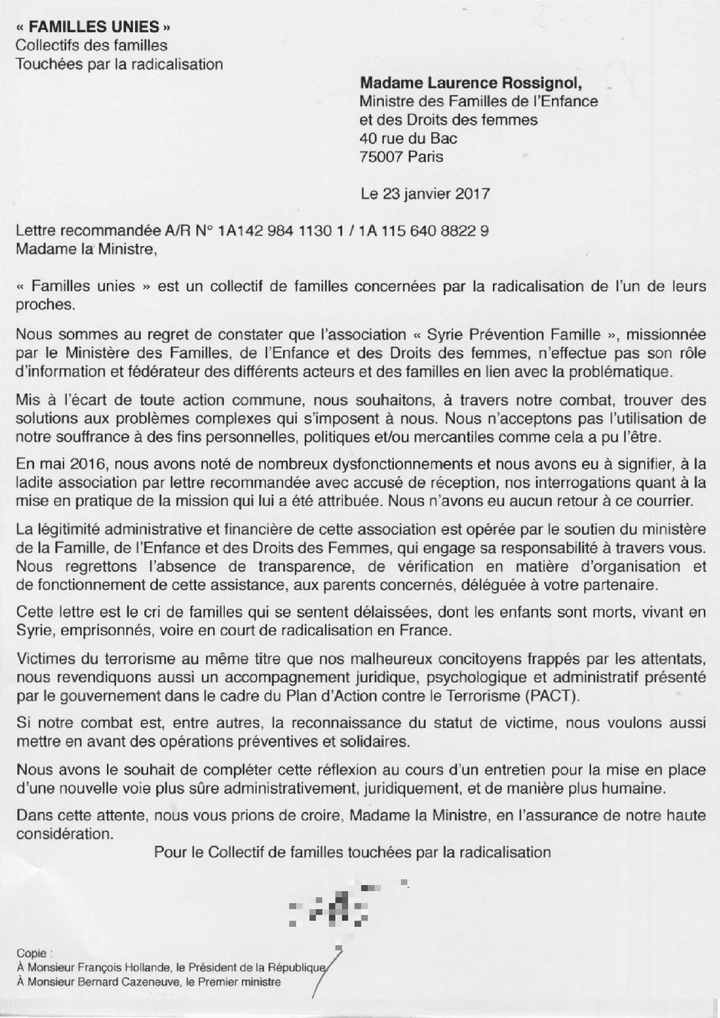 La lettre envoyée&nbsp;à Laurence Rossignol, le 23 janvier 2017. (FRANCEINFO)