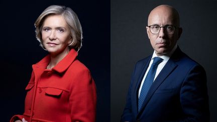 Valérie Pécresse (à gauche) et Eric Ciotti (à droite), les deux candidats à l'investiture LR qualifiés, le 2 décembre 2021, pour le second tour du congrès du parti. (JOEL SAGET / AFP)