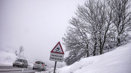 Lors d'un épisode neigeux, sur le col de l'Escrinet (Ardèche), le 19 janvier 2015. (JEFF PACHOUD / AFP)