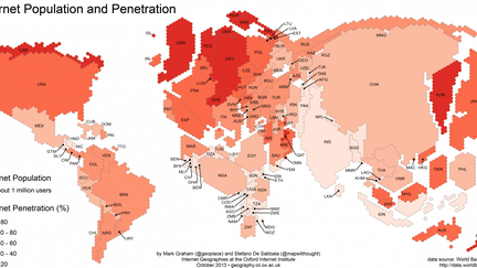 Carte de la population d'Internet, selon les données de la Banque Mondiale en 2011. (Mark Graham et Steffano De Sabbata - Oxford Internet Institute)