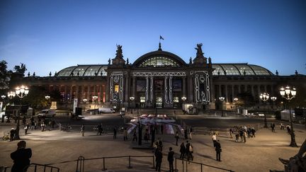 Façade du Grand Palais illuminée par une projection de "Doric Ionic Corinthian" de Claude Closky lors de la Foire Internationale d'Art Contemporain (FIAC), Octobre 2018 (THOMAS SAMSON / AFP)