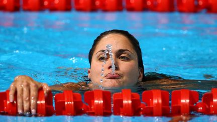 La nageuse hongroise&nbsp;Zsuzsanna Jakabos &agrave; l'issue de sa s&eacute;rie de 200 m papillon, aux Mondiaux de Barcelone, le 31 juillet 2013.&nbsp; (AL BELLO / GETTY IMAGES EUROPE)