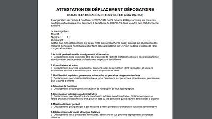 La nouvelle attestation de déplacement pendant le couvre-feu, à partir du&nbsp;20 mars 2021. (MINISTERE DE L'INTERIEUR)