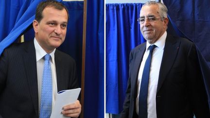 Louis Aliot (&agrave; gauche) et Jean-Marc Pujol (&agrave; droite), dimanche 23 mars 2014 lors du premier tour des &eacute;lections municipales de Perpignan (Pyr&eacute;n&eacute;es-Atlantiques). (RAYMOND ROIG / AFP)