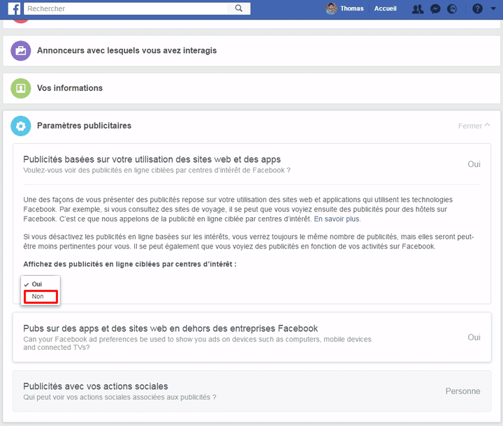 Il faut cocher "non" aux deux questions pour éviter les publicités ciblées. (FACEBOOK.COM)