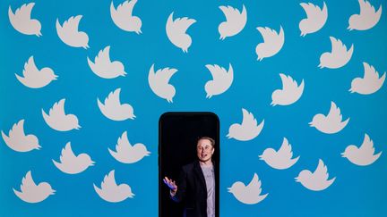 Un téléphone portable affichant une photo d'Elon Musk placée sur un écran d'ordinateur rempli de logos Twitter. (SAMUEL CORUM / AFP)