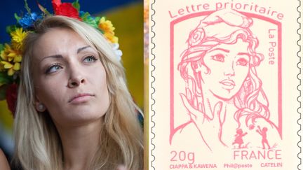 Montage photo pr&eacute;sentant la leader des Femen, Inna Shevchenko, et le nouveau timbre inspir&eacute; de son visage, d&eacute;voil&eacute; le 14 juillet 2013. ( MAXPPP)