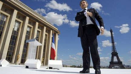 Nicolas Sarkozy lors de son discours au Trocadéro à Paris le 1er mai (PHILIPPE WOJAZER / POOL / AFP)