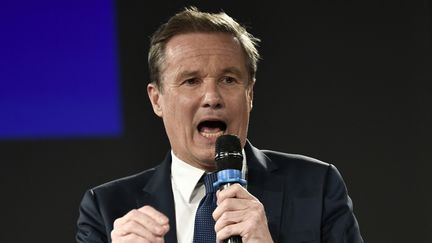 Le président du parti d'extrême-droite Debout la France Nicolas Dupont-Aignan lors d'un meeting de campagne pour l'élection présidentielle le 6 avril 2022.&nbsp; (STEPHANE DE SAKUTIN / AFP)