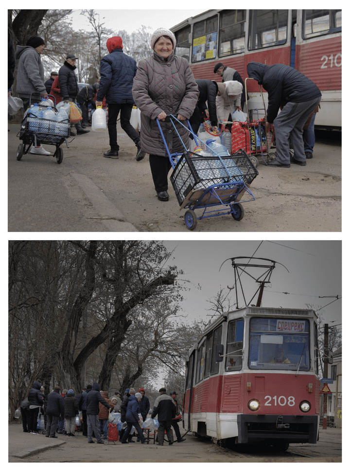 Certains tramways de Mykolaïv sont utilisés pour acheminer de l'eau fraîche dans la ville, comme ici, le 29 mars 2023. (MATHIEU DREUJOU / FRANCE TELEVISIONS)