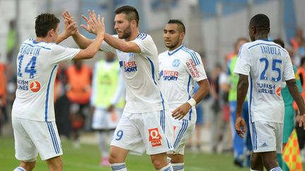 PIerre-André Gignac et ses coéquipiers, samedi dernier face à Rennes au stade Vélodrome (Marseille).  (BORIS HORVAT / AFP)