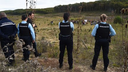 Des gendarmes surveillent une manifestation d'opposants au barrage de Sivens, le 23 octobre 2016, sur la commune de Gaillac (Tarn). (ERIC CABANIS / AFP)