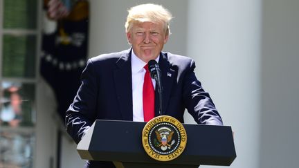 Le président américain Donald Trump, le 1er juin 2017, dans les jardins de la Maison Blanche, à Washington (Etats-Unis), lors de l'annonce du retrait américain de l'accord de Paris sur le climat. (RON SACHS / RON SACHS - CNP)