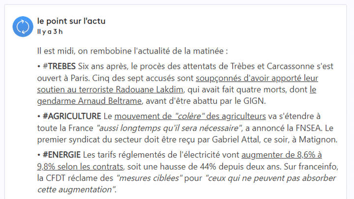 Un exemple de point sur l'actualité du jour publié dans notre live, le 22 janvier 2024. (franceinfo)