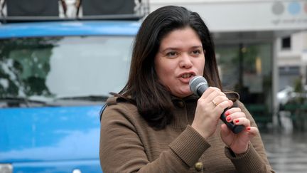 La porte-parole de La France insoumise, Raquel Garrido, le 25 avril 2014, à Paris, lors d'une manifestation. (CITIZENSIDE / PATRICE PIERROT / AFP)