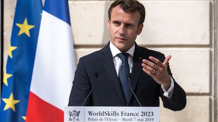 Le président de la République, Emmanuel Macron, lors d'un discours pour soutenir la candidature française à la compétition des WorldSkills 2023, le 7 mai 2019 à l'Elysée, à Paris.&nbsp; (CHRISTOPHE PETIT TESSON / POOL / AFP)