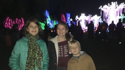 Salomé, Eléa et Alexandre découvrent les illuminations du ZooSafari de Thoiry. (INGRID POHU / RADIO FRANCE)