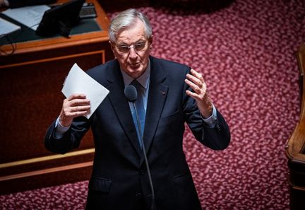 Le Premier ministre, Michel Barnier, au Sénat, le 2 octobre 2024. (AMAURY CORNU / HANS LUCAS / AFP)