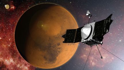 &nbsp; (Illustration graphique de la sonde Maven en orbite martienne @ NASA/GSFC)