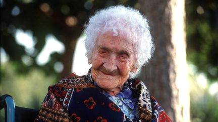 Jeanne Calment, la doyenne de l'humanité morte à 122 ans, le 17 octobre 1995 à Arles (Bouches-du-Rhône). (TSCHAEN /SIPA / SIPA)