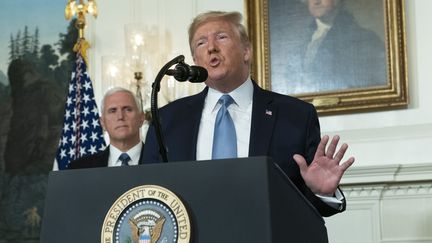 Donald Trump lors de sa déclaration devant la presse à la Maison Blanche (Washington), le 5 août 2019, après les tueries dans le Texas et l'Ohio.&nbsp; (CHRIS KLEPONIS / CONSOLIDATED NEWS PHOTOS / AFP)